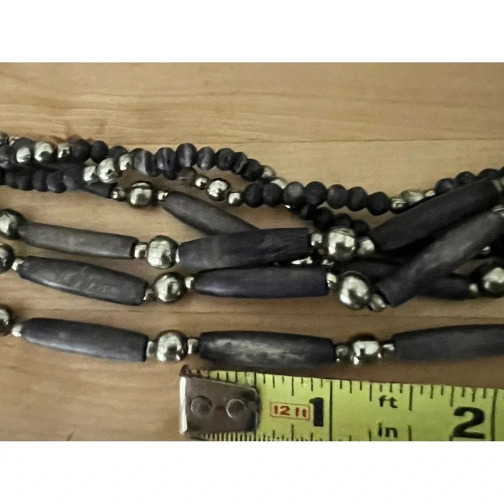 Bohemian Purple Dyed Wood And Silver Beaded 6 Strand Bib Statement Necklace Vtg